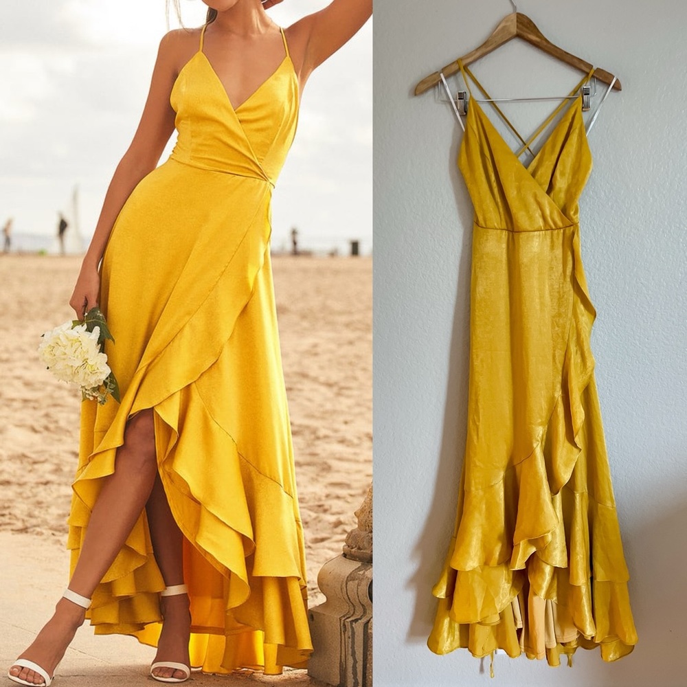 Mustard Yellow Satin Lace-Up High-Low Maxi Dress Small